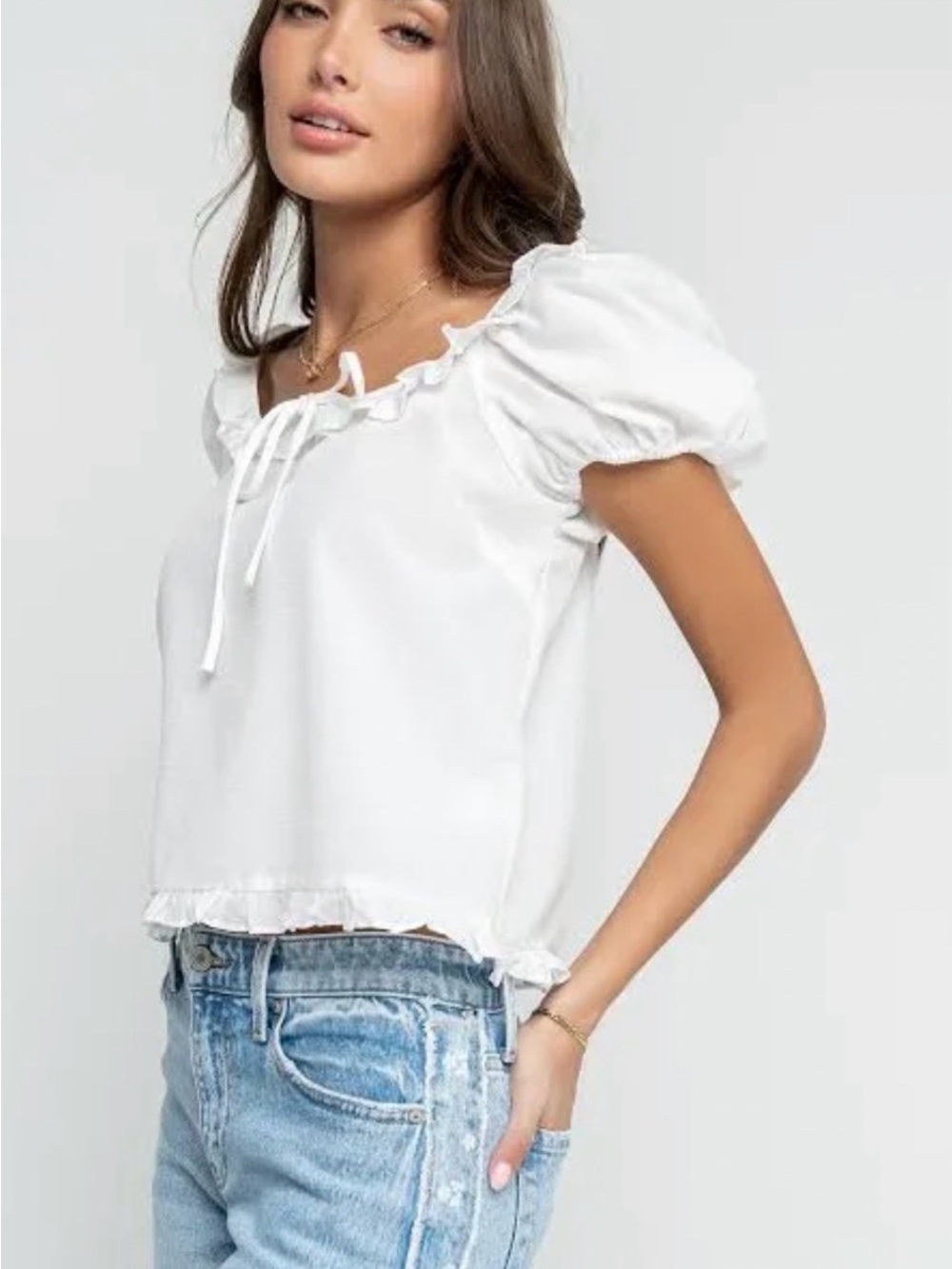 bohme White Ruffle Tie-Front Puff Sleeve Cotton Blend Peasant Top Cottagecore
